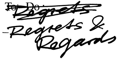 Grafik zur Diplomausstellung «Regrets and Regards». Schwarze Handschrift auf weissem Hintergrund.