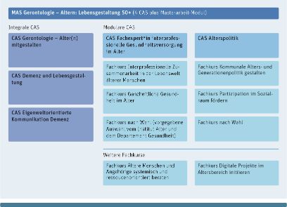 Der MAS-Studiengang ist modular aufgebaut und setzt sich aus vier CAS-Studiengängen sowie einem abschliessenden Masterarbeit-Modul zusammen. Zur Auswahl stehen alle vom Institut Alter angebotenen CAS-Studiengänge, wobei der CAS Gerontologie - Alter(n) mitgestalten das Pflichtmodul bildet.